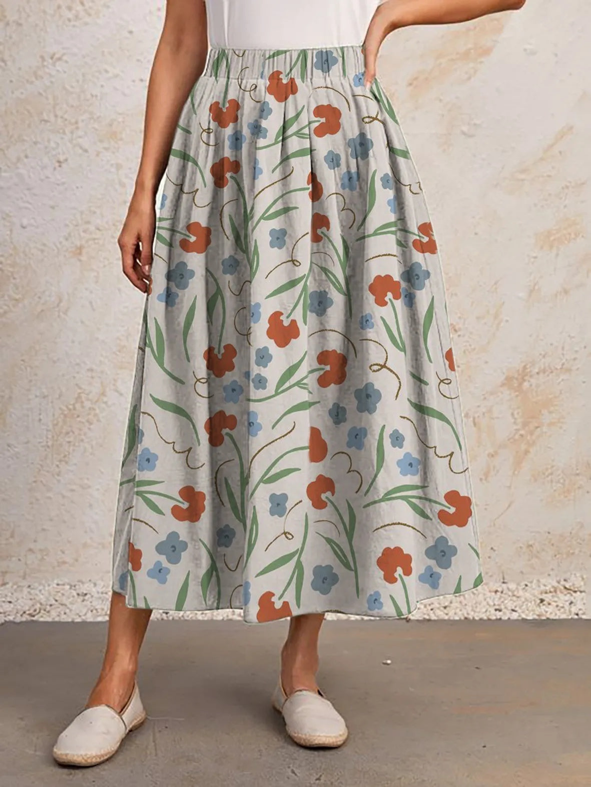 Printed Elastic Waist Slimming Large Hem Skirt
