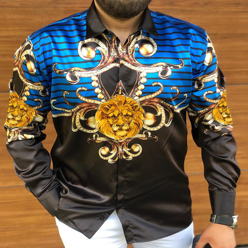 Printed Long Sleeve Slim Fit Men’s Shirt - Blue / S