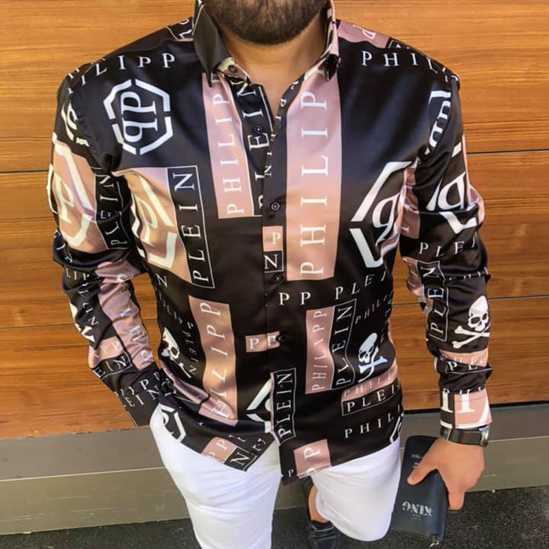 Printed Long Sleeve Slim Fit Men’s Shirt - Pink Black / S