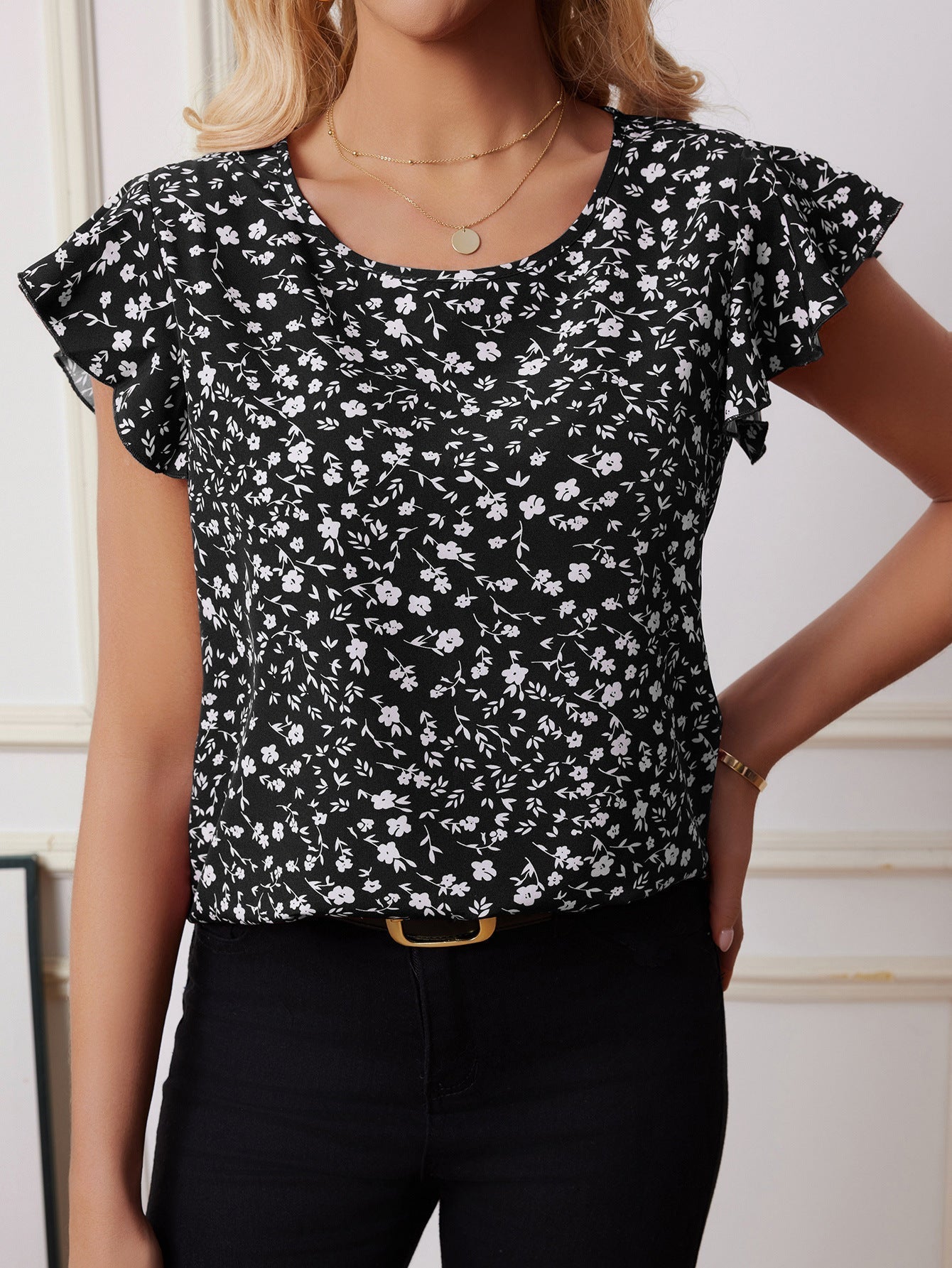 Chiffon Shirt Short-sleeved Shirt European And American Fashion Casual Printing - Black / S