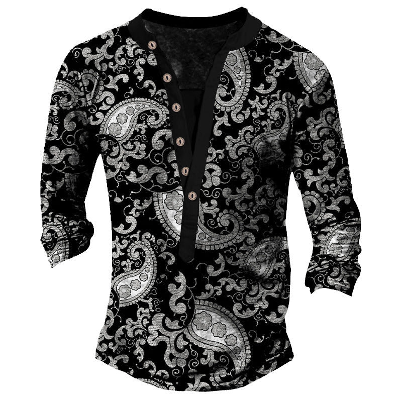 Printed Retro Fashion Casual Henry Neck Long Sleeves T-shirt - CT10PL6445 / S