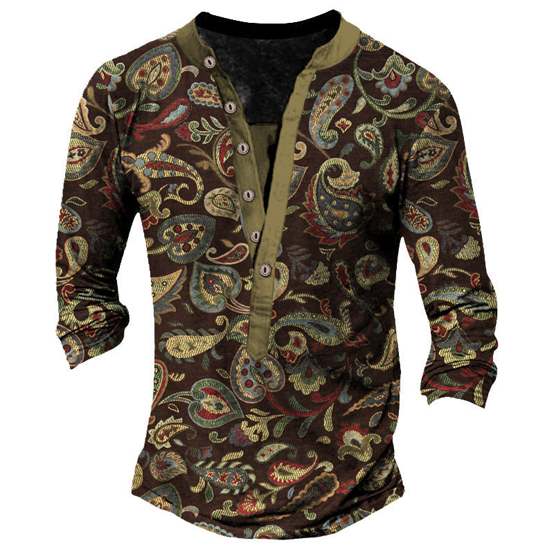 Printed Retro Fashion Casual Henry Neck Long Sleeves T-shirt - CT10PL6442 / S