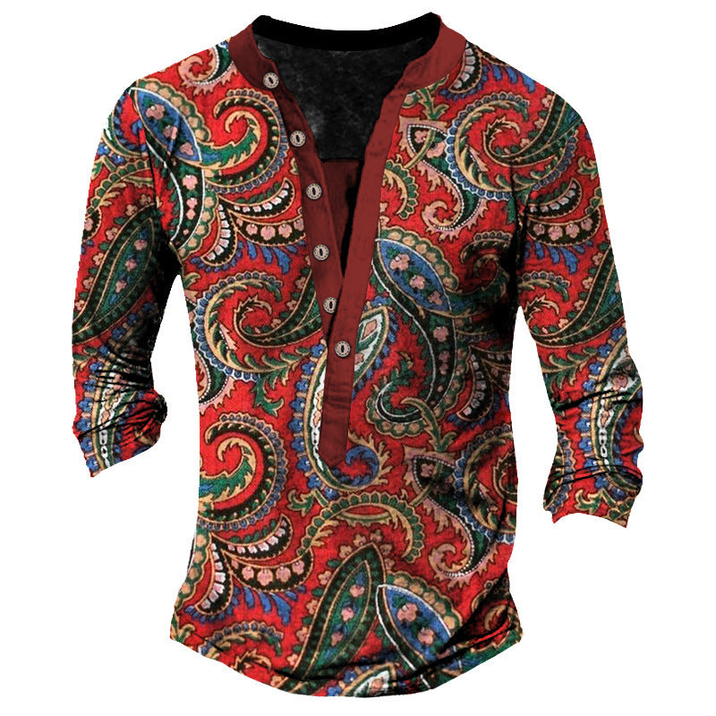 Printed Retro Fashion Casual Henry Neck Long Sleeves T-shirt - CT10PL6443 / S