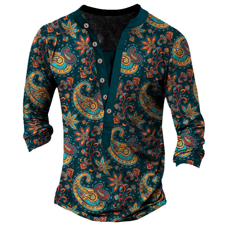 Printed Retro Fashion Casual Henry Neck Long Sleeves T-shirt - CT10PL6440 / S