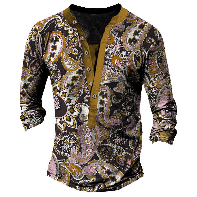 Printed Retro Fashion Casual Henry Neck Long Sleeves T-shirt - CT10PL6446 / S