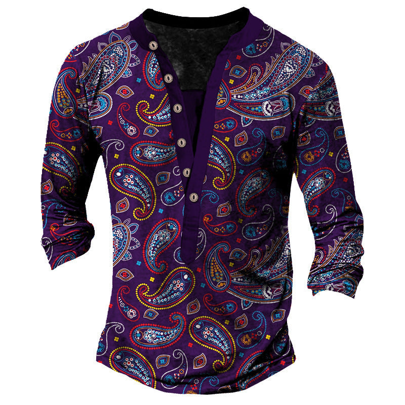 Printed Retro Fashion Casual Henry Neck Long Sleeves T-shirt - CT10PL6444 / S