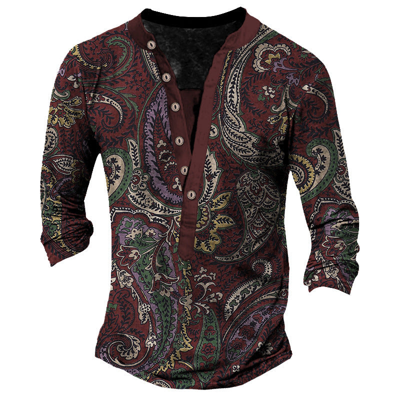 Printed Retro Fashion Casual Henry Neck Long Sleeves T-shirt - CT10PL6439 / S