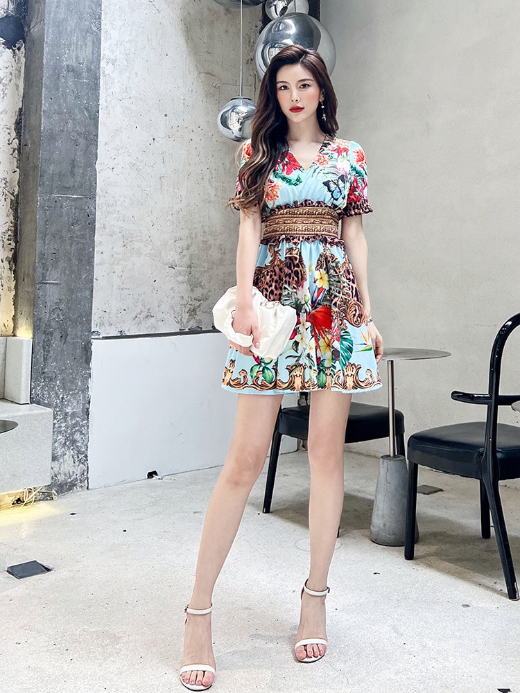Printed Small Waist Slim V-neck Dress In Summer