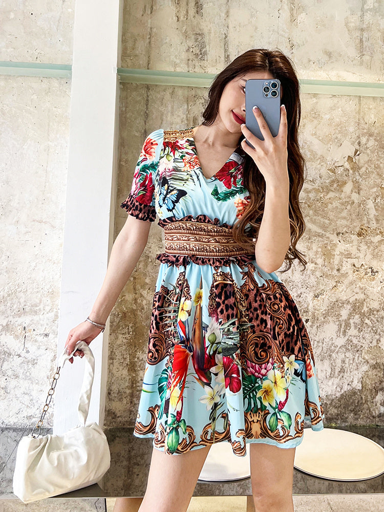 Printed Small Waist Slim V-neck Dress In Summer