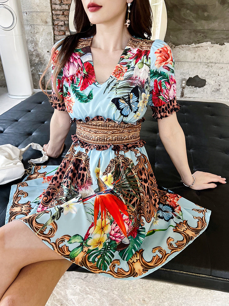 Printed Small Waist Slim V-neck Dress In Summer