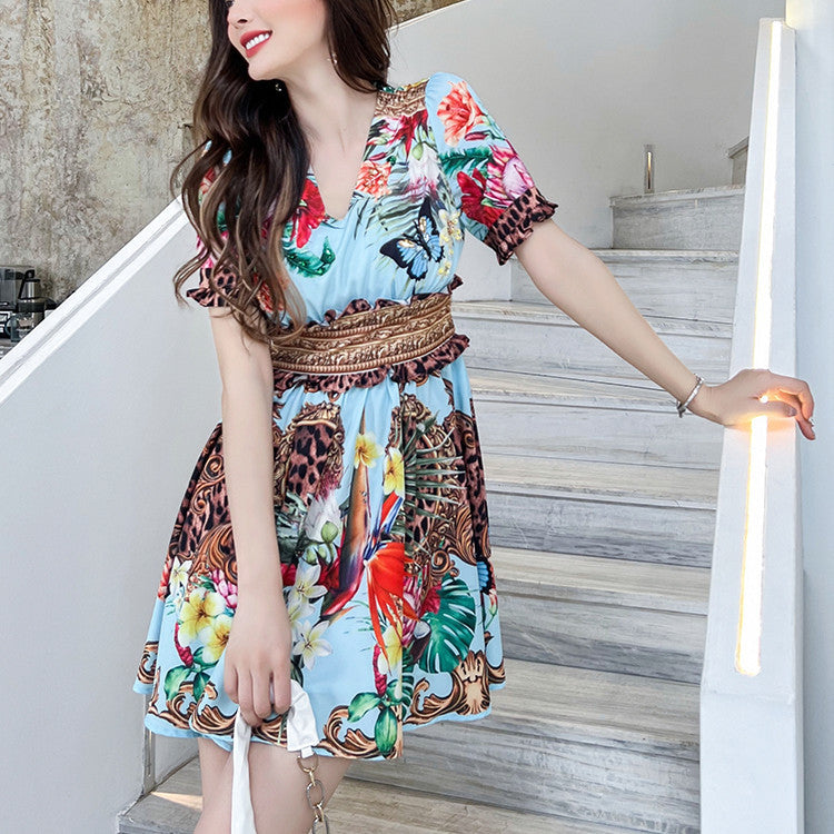 Printed Small Waist Slim V-neck Dress In Summer