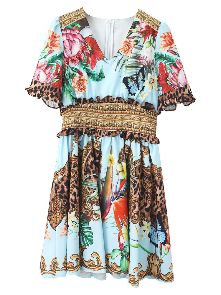Printed Small Waist Slim V-neck Dress In Summer - Colours / S