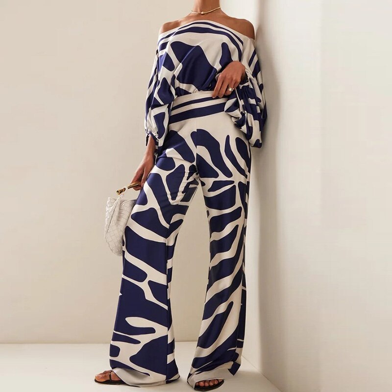 Summer Women’s Clothing Printed Round Neck Loose Batwing Sleeve Waist Wide Leg Pants Fashion Casual Set