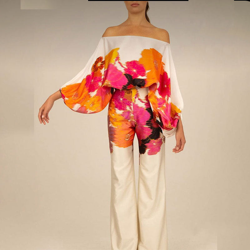 Summer Women’s Clothing Printed Round Neck Loose Batwing Sleeve Waist Wide Leg Pants Fashion Casual Set - Orange