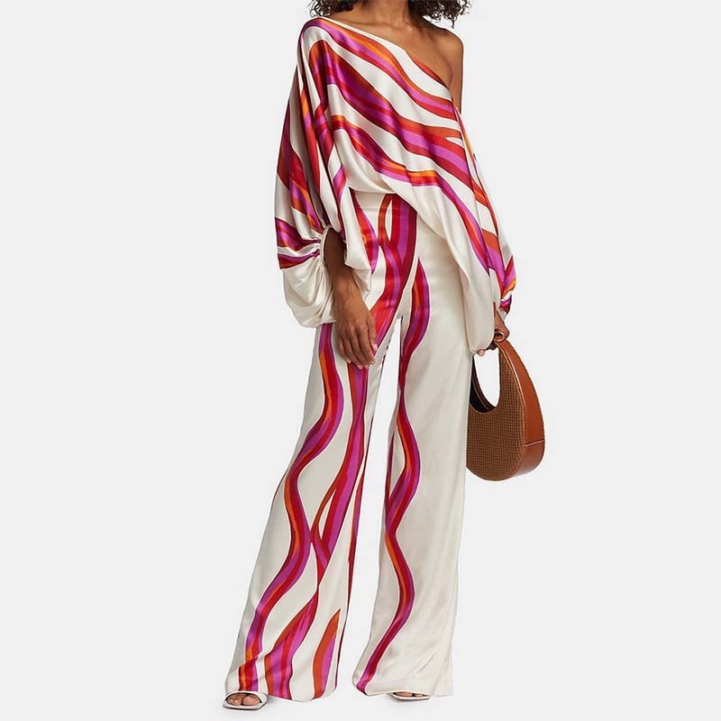 Summer Women’s Clothing Printed Round Neck Loose Batwing Sleeve Waist Wide Leg Pants Fashion Casual Set - Rose Red / S