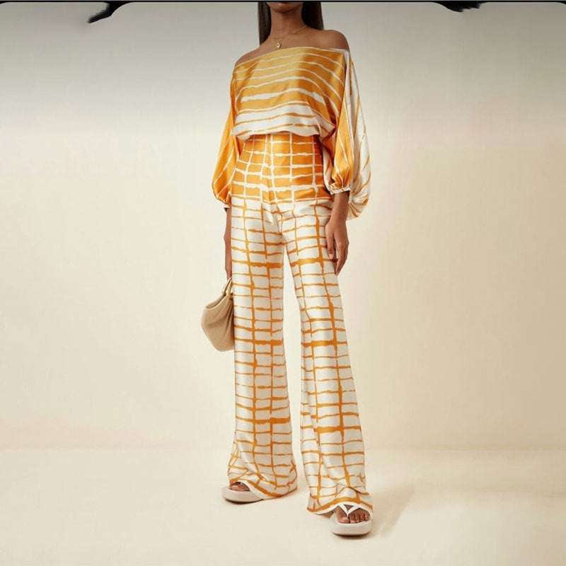 Summer Women’s Clothing Printed Round Neck Loose Batwing Sleeve Waist Wide Leg Pants Fashion Casual Set - Yellow Plaid
