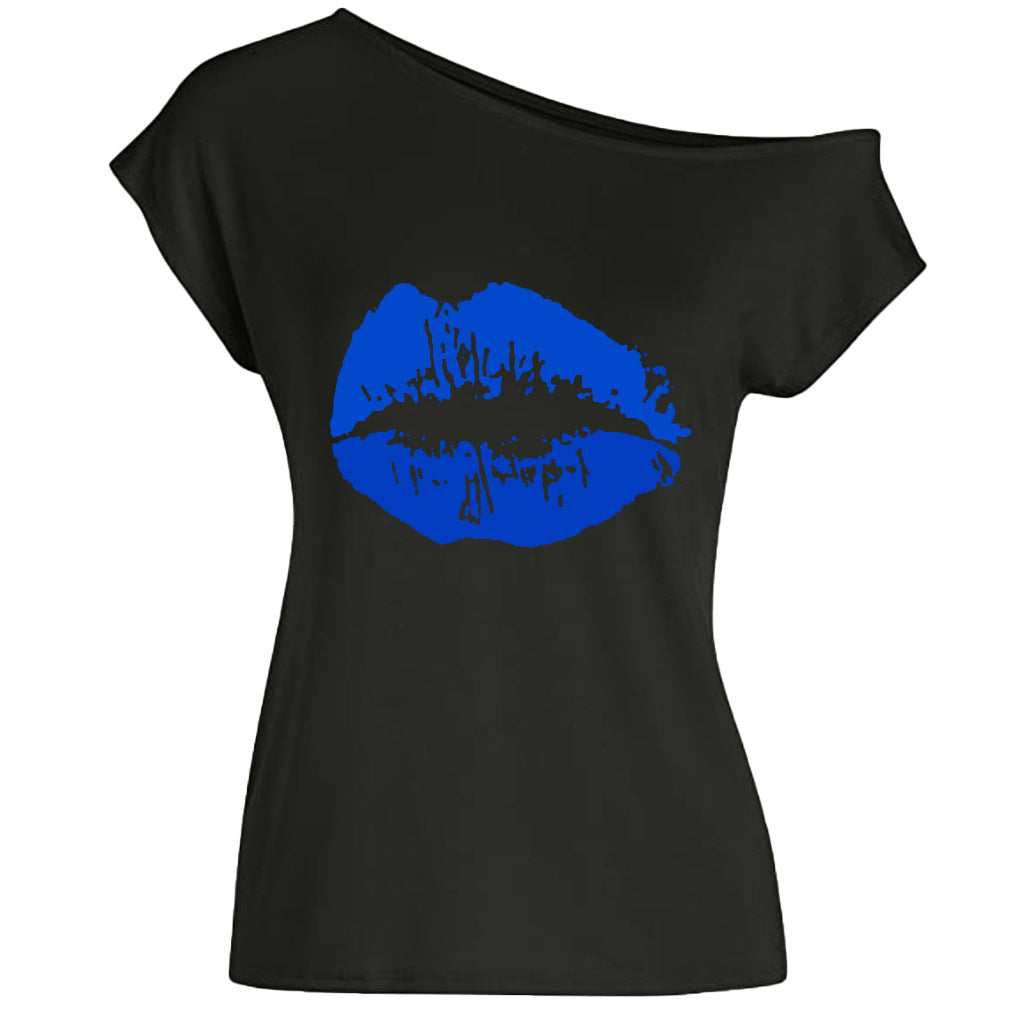 Women’s Loose Shoulder Versatile Printed T-shirt - Blue Lip / S