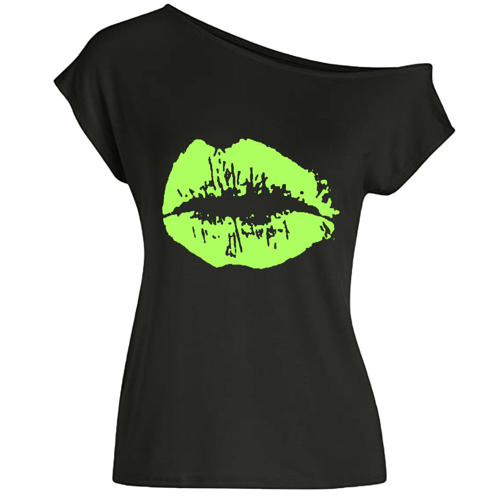 Women’s Loose Shoulder Versatile Printed T-shirt - Fluorescent Green Lip / S