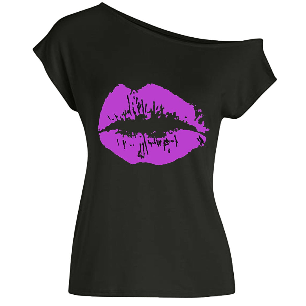 Women’s Loose Shoulder Versatile Printed T-shirt - Purple Lips / S