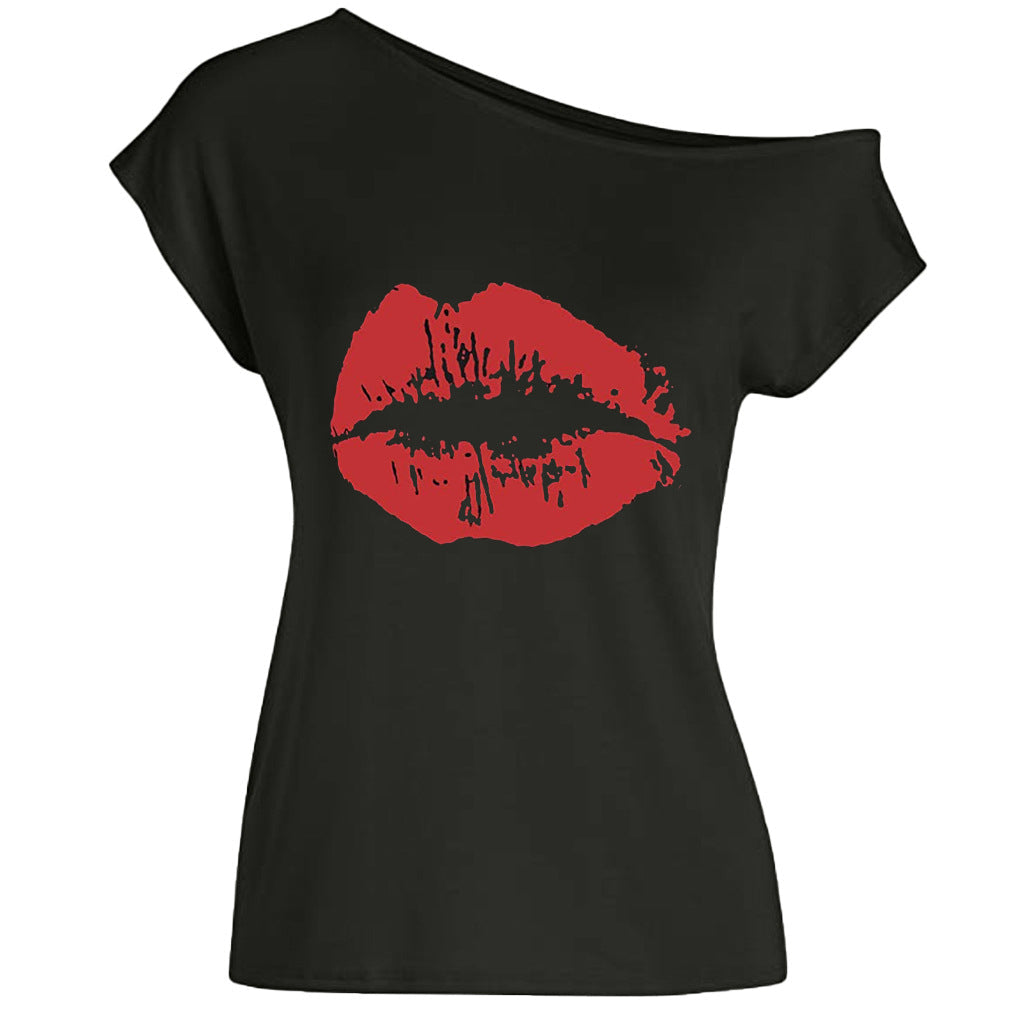 Women’s Loose Shoulder Versatile Printed T-shirt - Red Lips / S