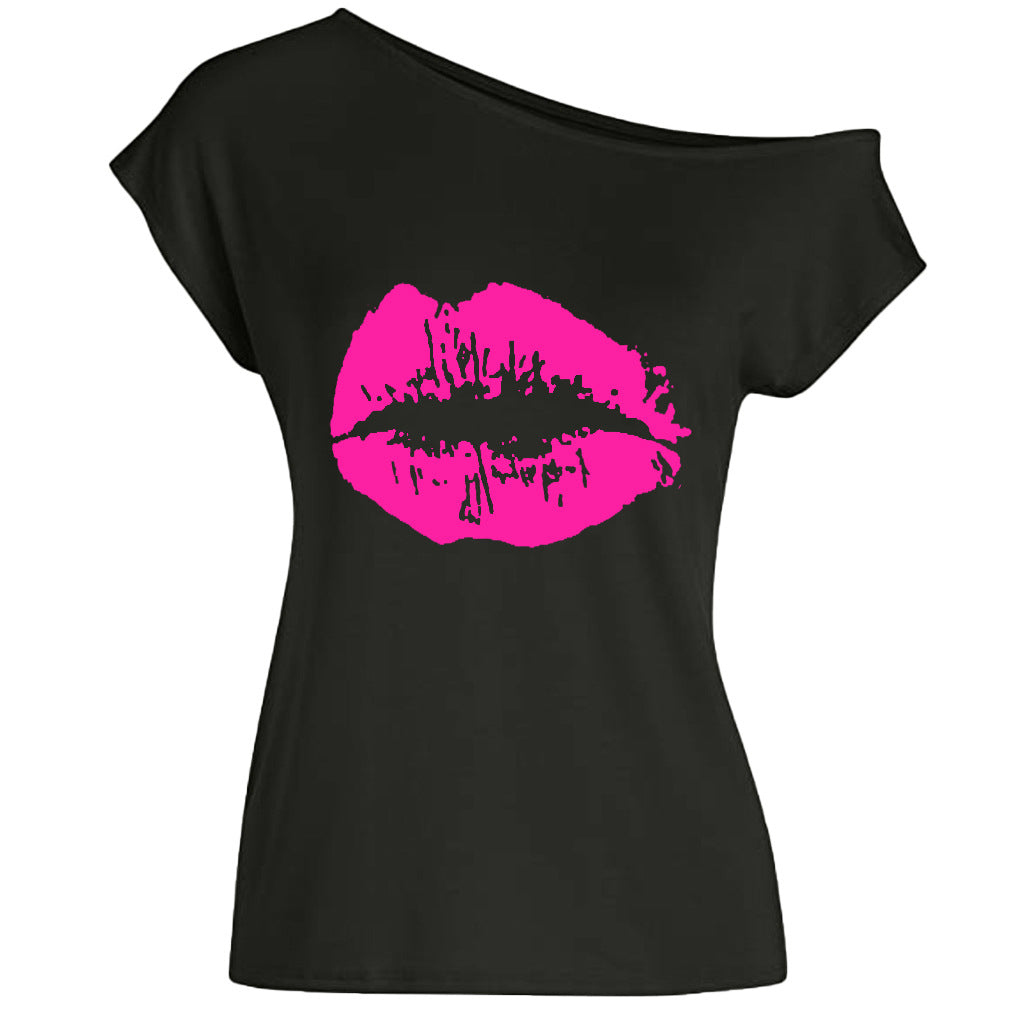 Women’s Loose Shoulder Versatile Printed T-shirt - Rose Red Lip / S