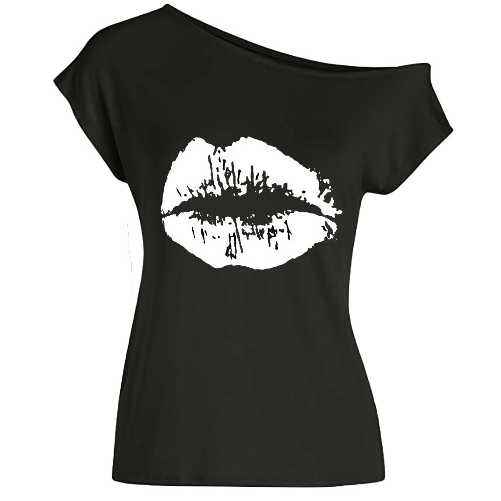 Women’s Loose Shoulder Versatile Printed T-shirt - White Lips / S