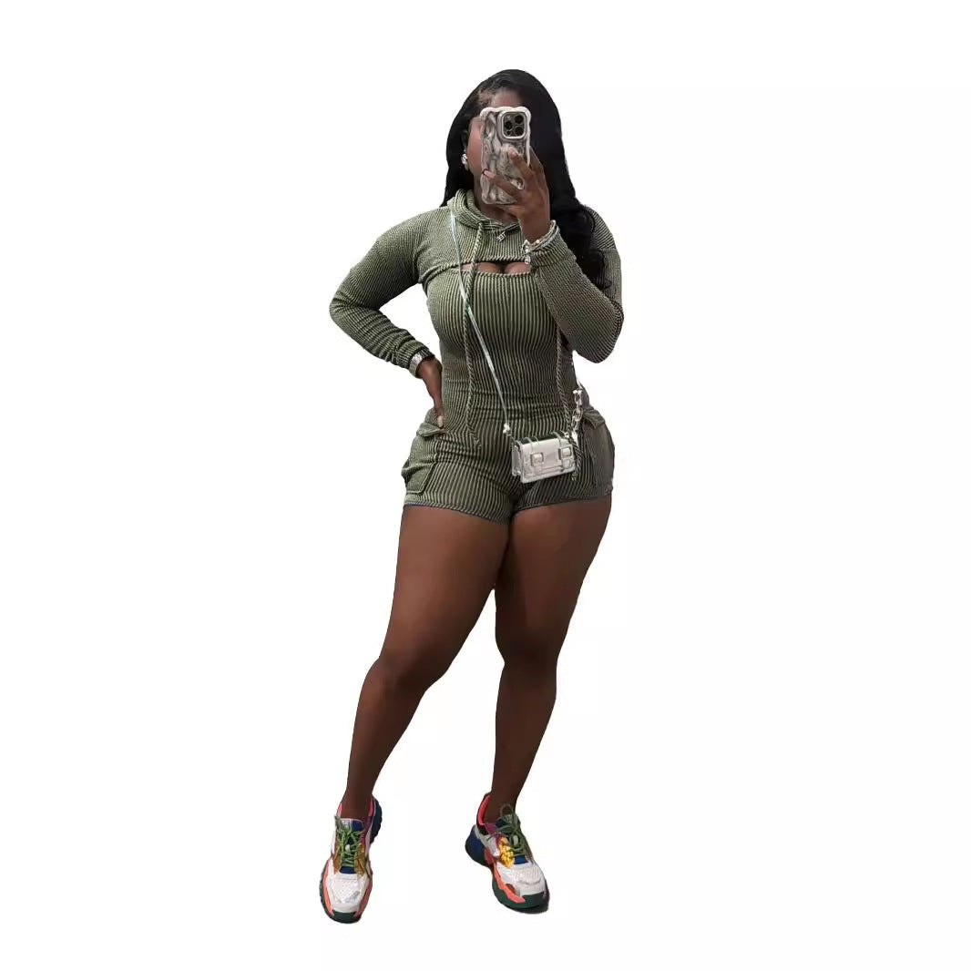 Women’s Wear Long Sleeve Hooded Solid Color Suspender Tight One-piece Shorts Two-piece Set