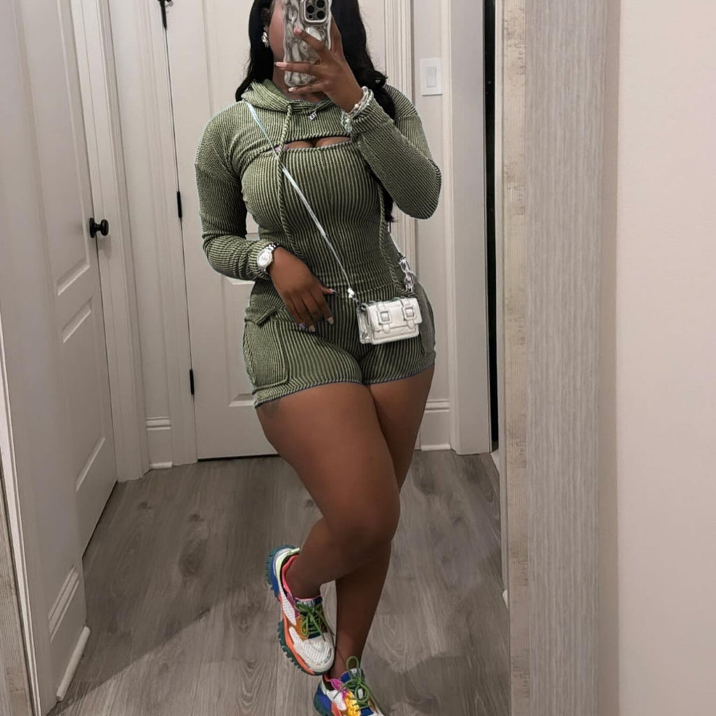 Women’s Wear Long Sleeve Hooded Solid Color Suspender Tight One-piece Shorts Two-piece Set