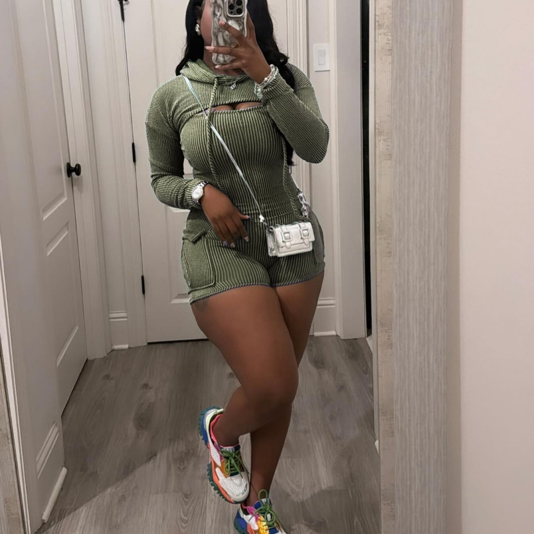 Women’s Wear Long Sleeve Hooded Solid Color Suspender Tight One-piece Shorts Two-piece Set