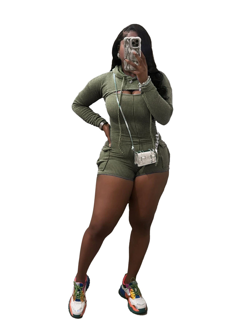 Women’s Wear Long Sleeve Hooded Solid Color Suspender Tight One-piece Shorts Two-piece Set - Green / S
