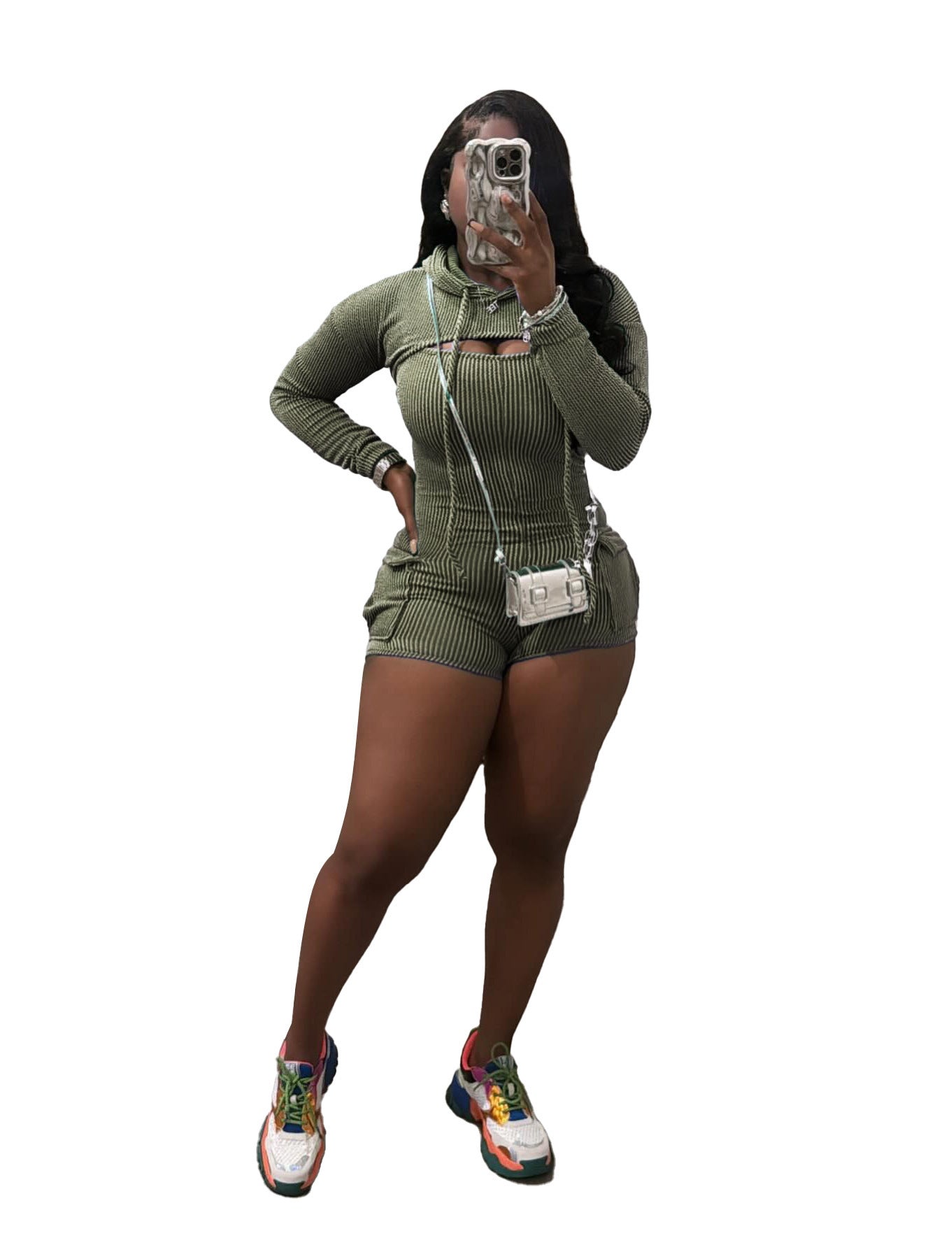 Women’s Wear Long Sleeve Hooded Solid Color Suspender Tight One-piece Shorts Two-piece Set - Green / S