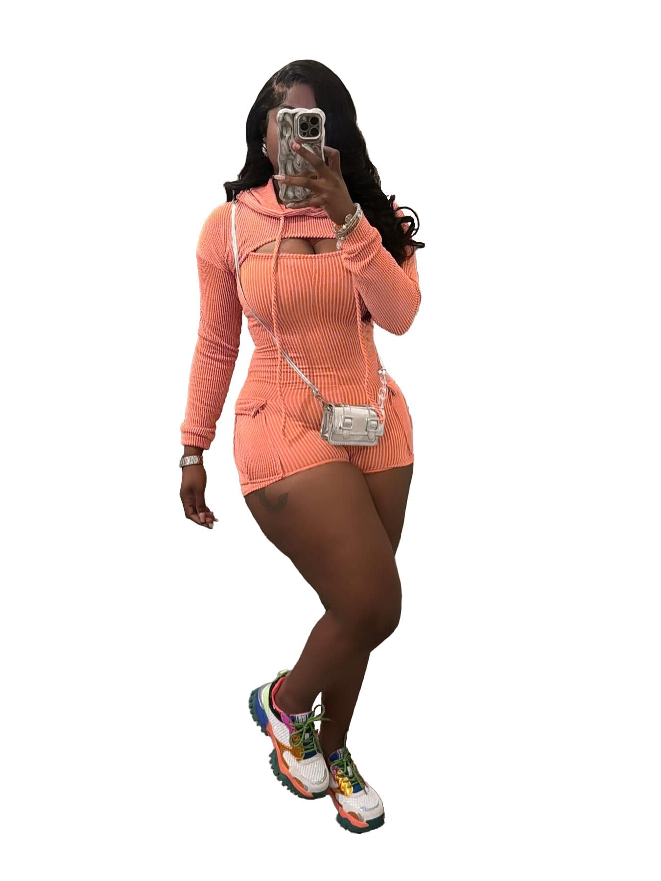 Women’s Wear Long Sleeve Hooded Solid Color Suspender Tight One-piece Shorts Two-piece Set - Orange / S