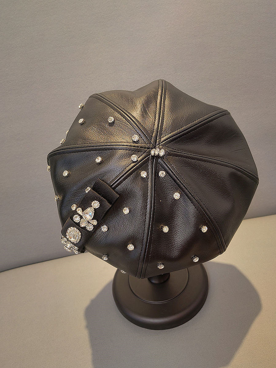 PU Leather Octagonal Hat Korean Style Rhinestone Bow Beret - Black / The adjustable