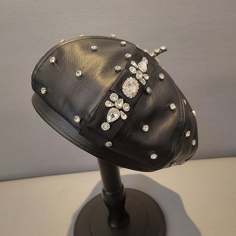 PU Leather Octagonal Hat Korean Style Rhinestone Bow Beret - Black / The adjustable