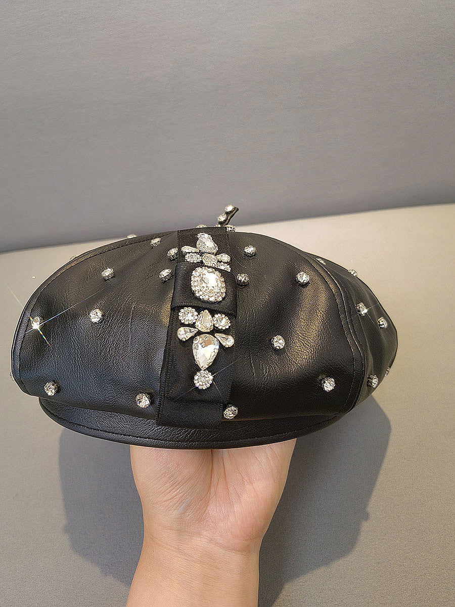 PU Leather Octagonal Hat Korean Style Rhinestone Bow Beret - Black / The adjustable