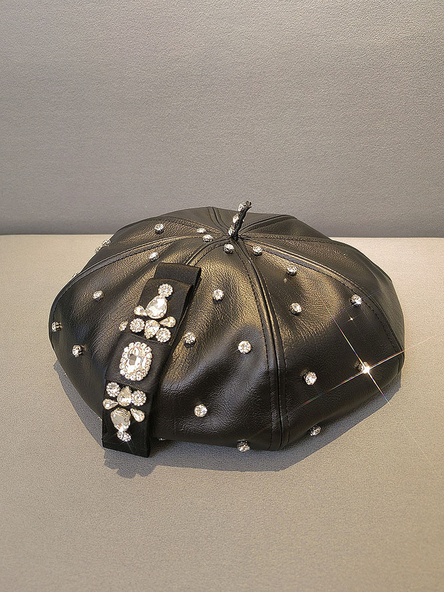 PU Leather Octagonal Hat Korean Style Rhinestone Bow Beret - Black / The adjustable