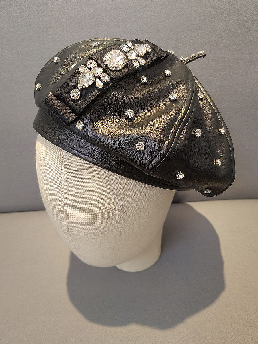 PU Leather Octagonal Hat Korean Style Rhinestone Bow Beret - Black / The adjustable