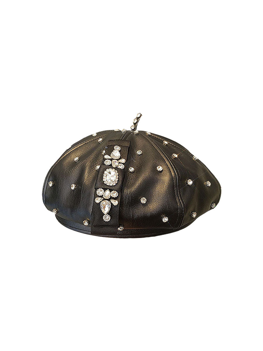 PU Leather Octagonal Hat Korean Style Rhinestone Bow Beret - Black / The adjustable