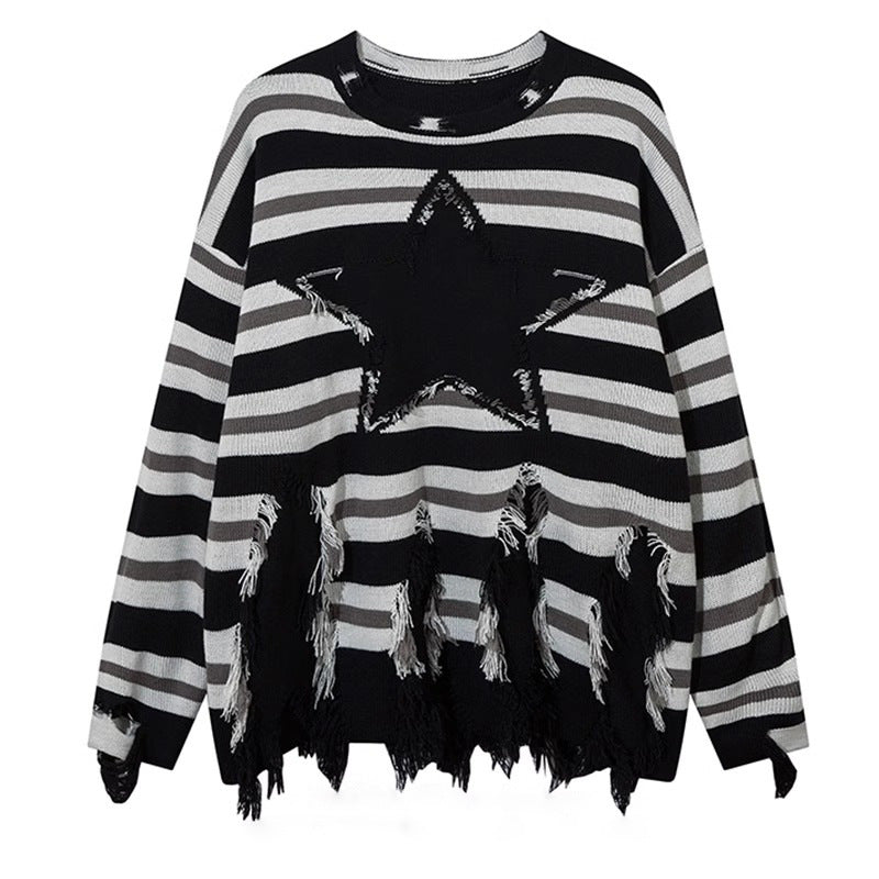 Pu Shuai Stitching Contrast Color Long Sleeves Round Neck Sweater - Black / M