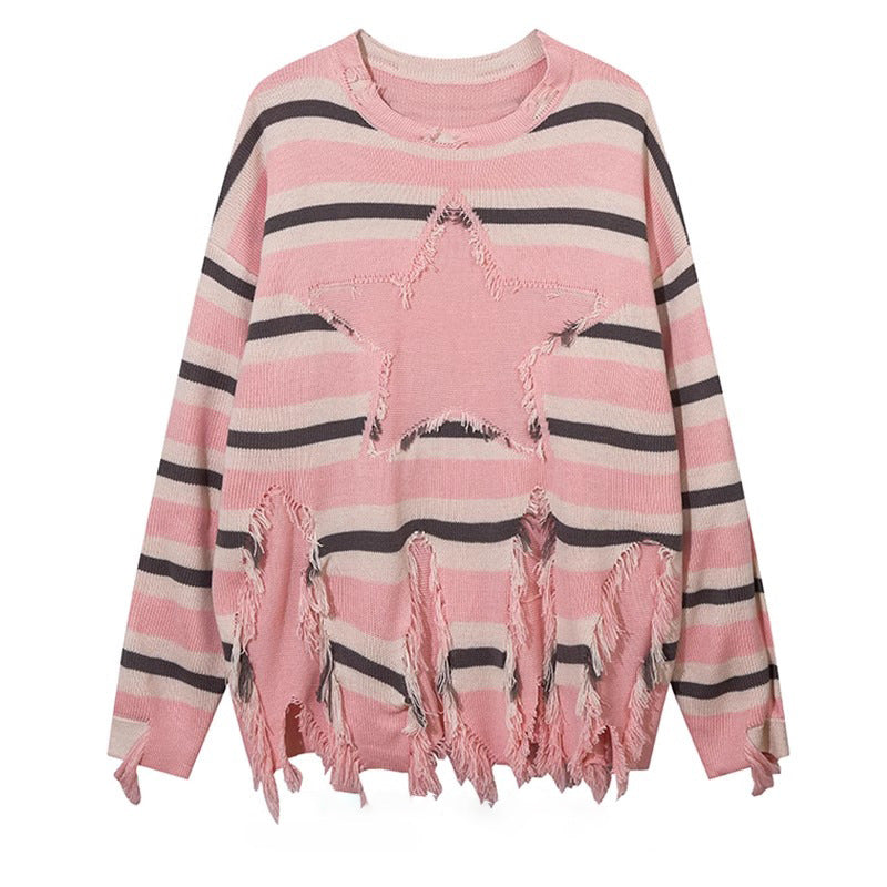 Pu Shuai Stitching Contrast Color Long Sleeves Round Neck Sweater - Pink / M