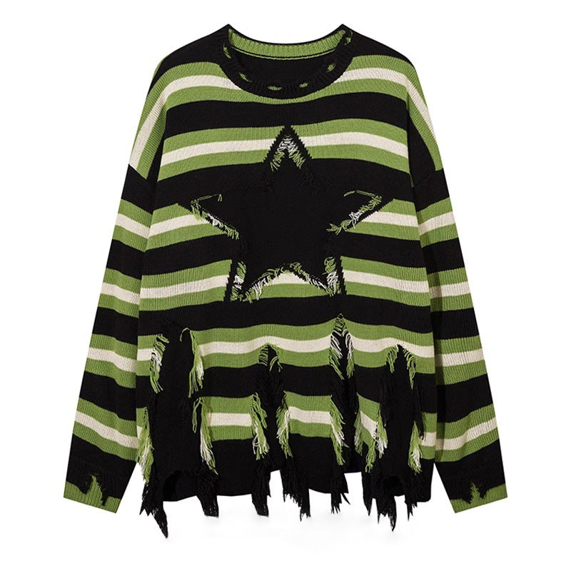 Pu Shuai Stitching Contrast Color Long Sleeves Round Neck Sweater