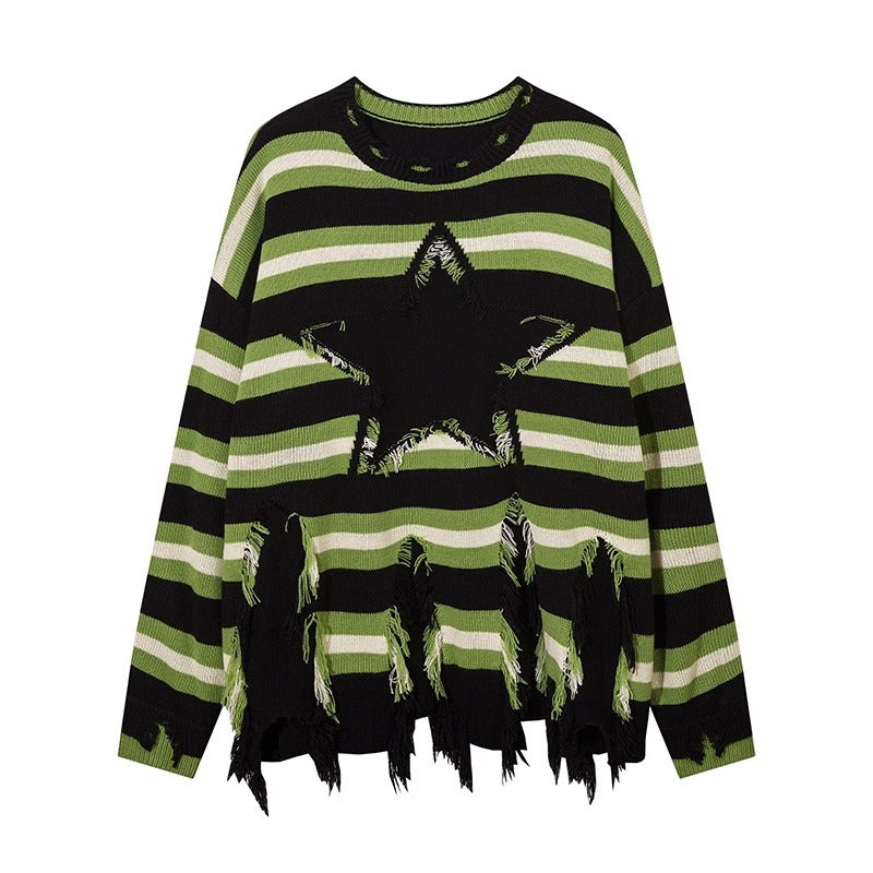 Pu Shuai Stitching Contrast Color Long Sleeves Round Neck Sweater