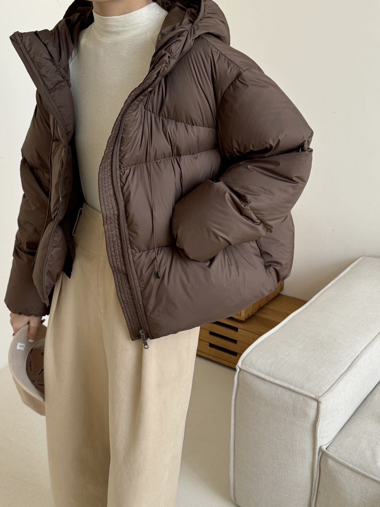 White Duck Down Puff Fluffy Hooded Down Jacket - Brown / S