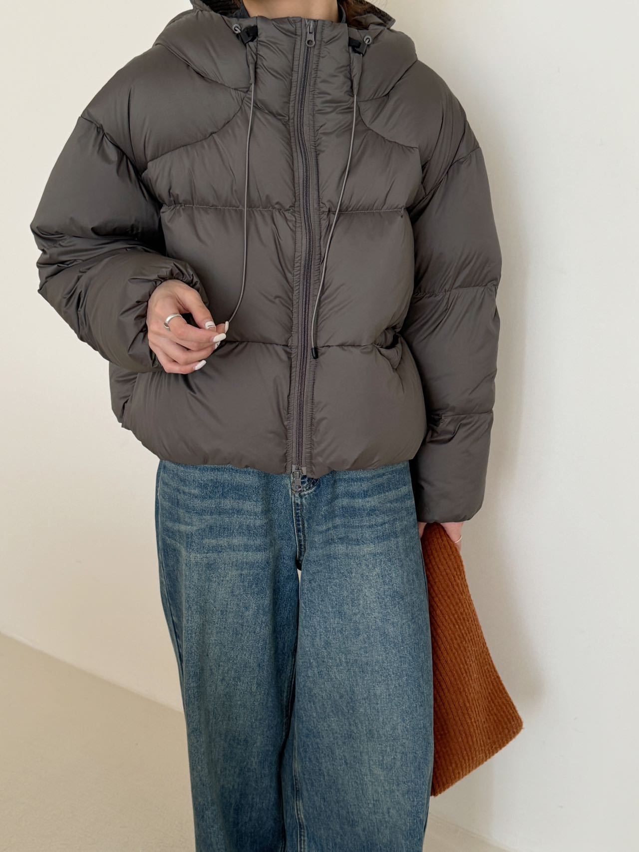 White Duck Down Puff Fluffy Hooded Down Jacket - Morandi Gray / S