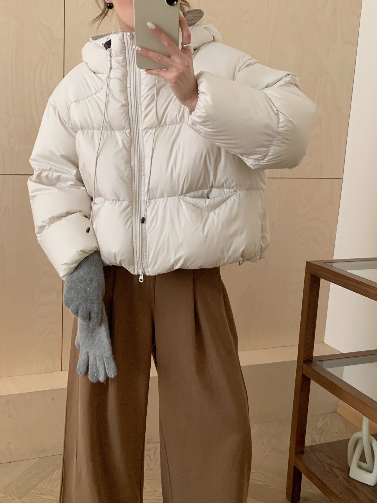 White Duck Down Puff Fluffy Hooded Down Jacket - Milky White / S