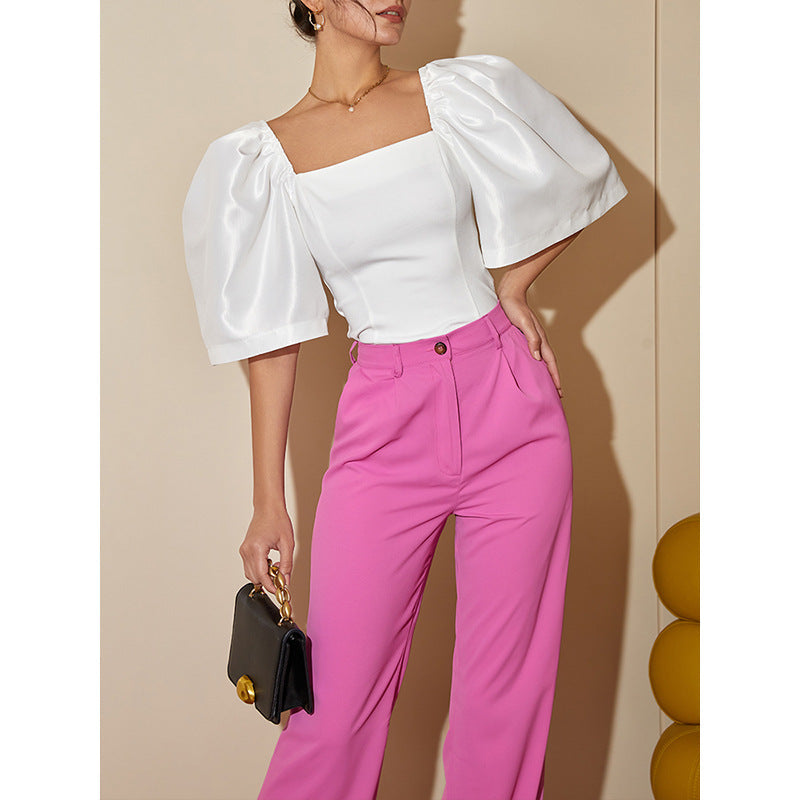 Women’s Retro Lantern Sleeve Square Collar Elegant Top