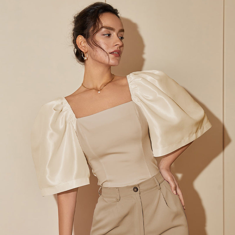 Women’s Retro Lantern Sleeve Square Collar Elegant Top - Champagne / XS