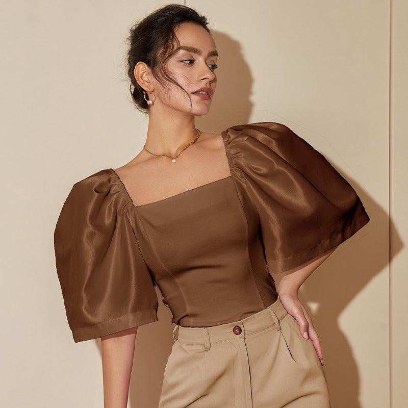 Women’s Retro Lantern Sleeve Square Collar Elegant Top - Coffee Brown / XS