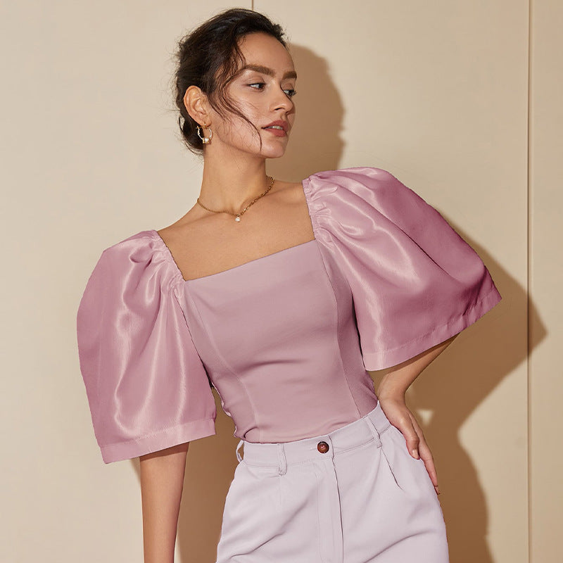 Women’s Retro Lantern Sleeve Square Collar Elegant Top - Lotus Pink / XS