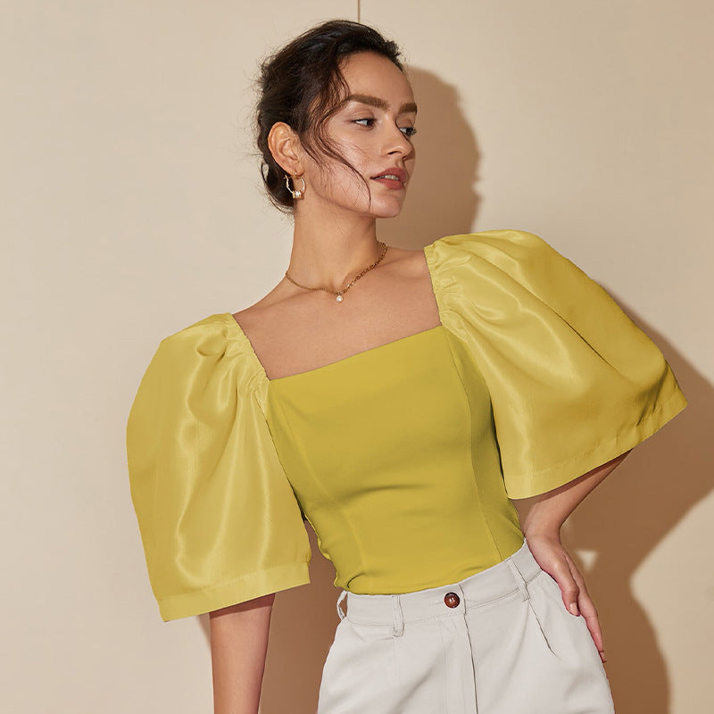 Women’s Retro Lantern Sleeve Square Collar Elegant Top - Mustard Yellow / XS
